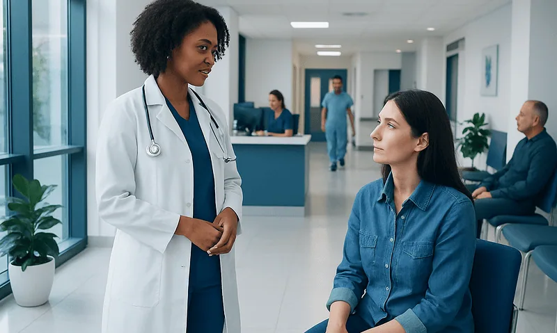 Doctor consulting a patient in a modern hospital corridor.
