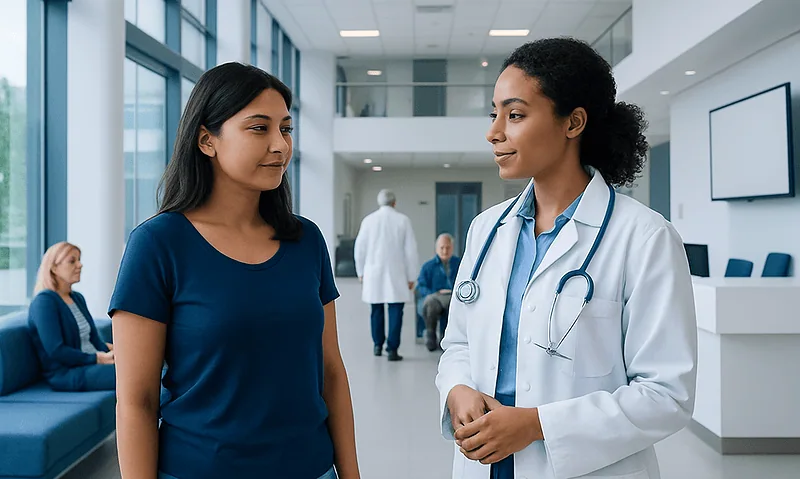Doctor consulting a patient in a modern hospital lobby.
