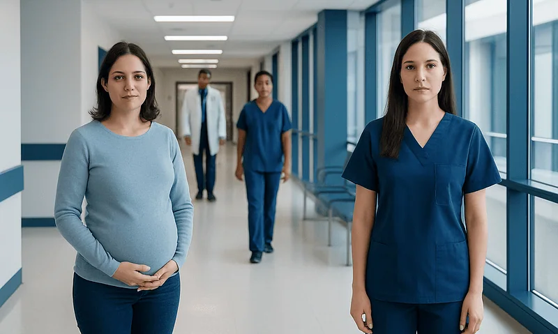 Pregnant woman and healthcare professionals in hospital corridor.