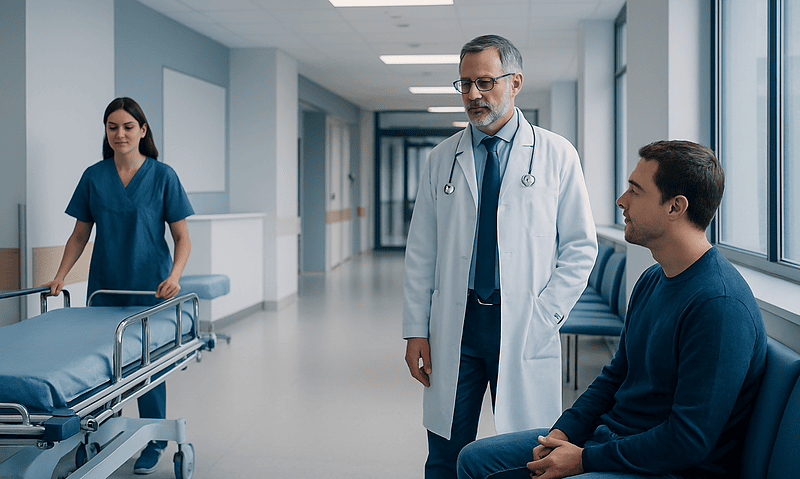 Doctor consulting patient in hospital corridor with nurse nearby.