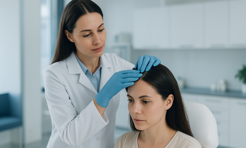 Doctor examining a patient's scalp in a clinical setting.