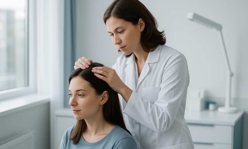 Doctor examining a patient's head in a clinical setting.