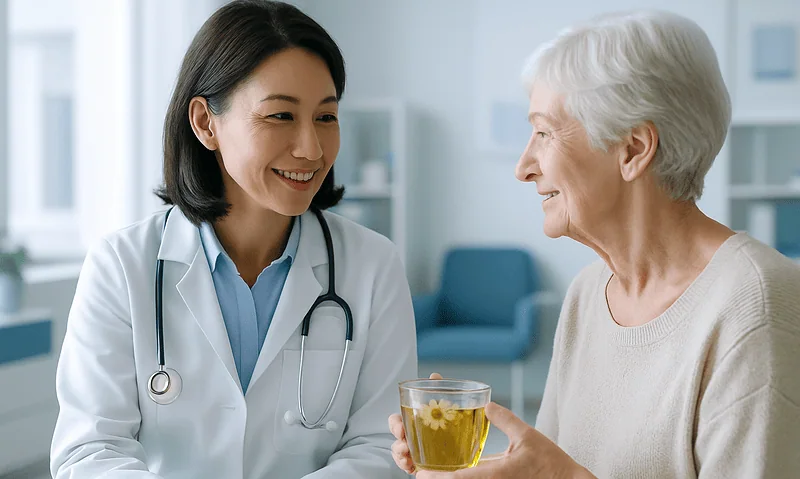 Doctor and elderly woman sharing a cup of chamomile tea in a medical setting.