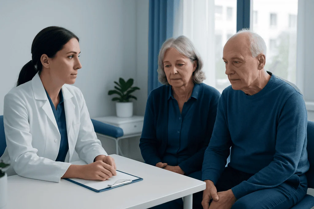 Doctor consulting elderly couple about health concerns in a clinic setting.