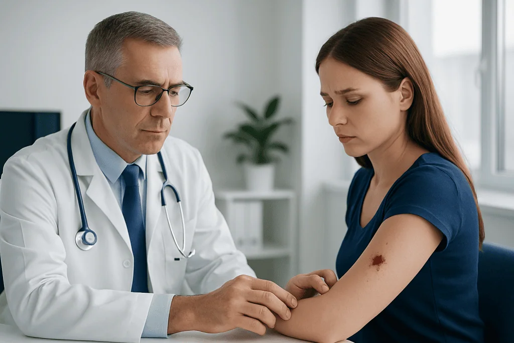Doctor examining a woman's arm with a bleeding mole in a clinical setting.