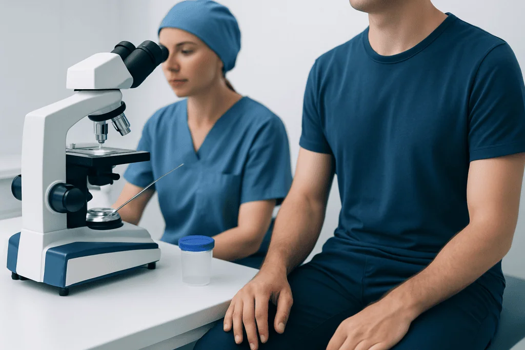 Medical professional examining sperm sample under microscope at Acibadem Hospital.
