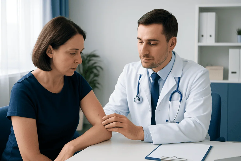 Doctor examining a woman's arm in a medical consultation room.