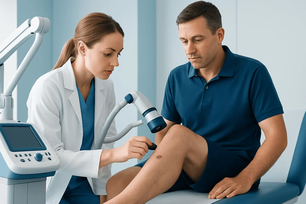 Doctor examining patient's leg for skin cancer at Acibadem Hospital.