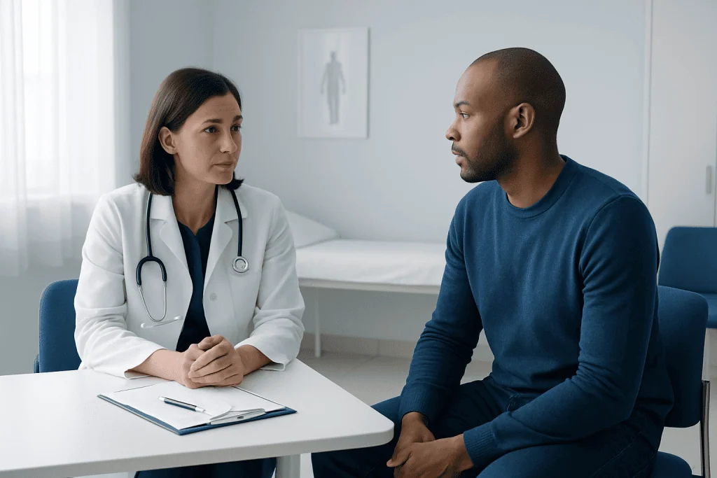 Doctor consulting with male patient in a medical office.