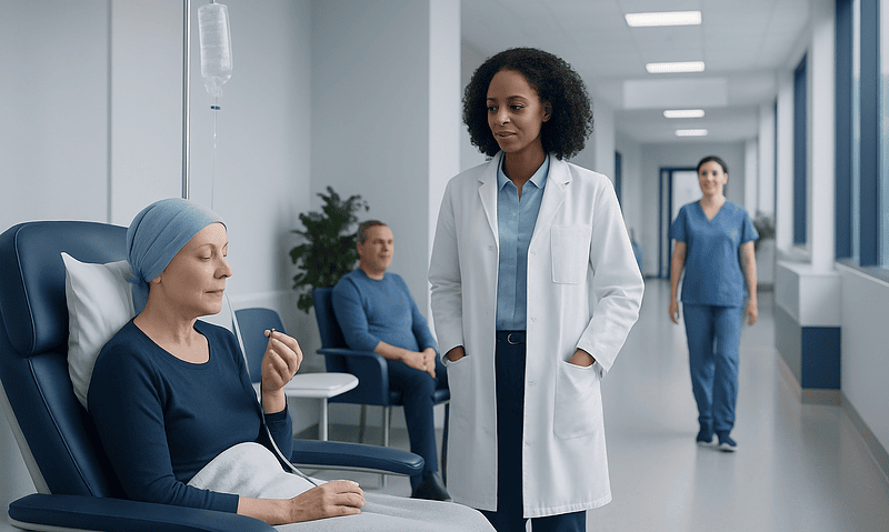 Patient receiving chemotherapy treatment in hospital with medical staff present.