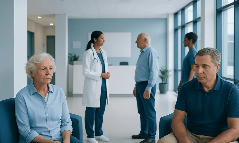 Patients waiting in a hospital corridor with a healthcare professional talking to visitors.