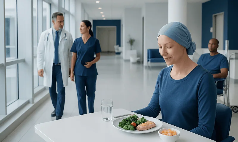 Patient in chemo treatment smiling with healthy meal in hospital.