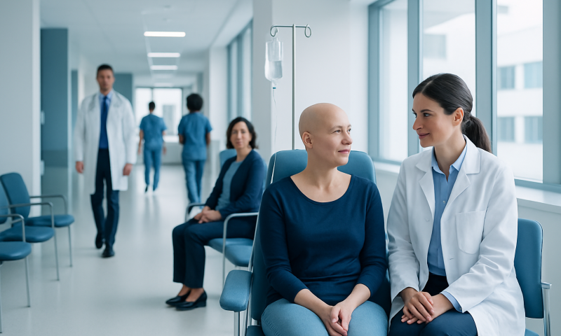 Patient and doctor discussing treatment in hospital corridor.