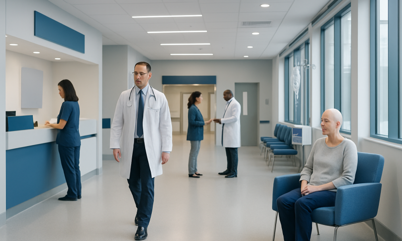 Modern hospital waiting area with medical staff and patient.