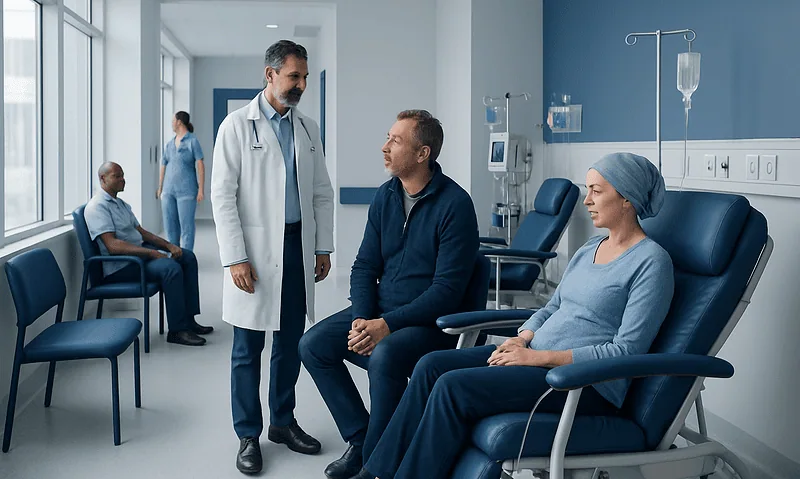 Doctor consulting with cancer patient in hospital room.