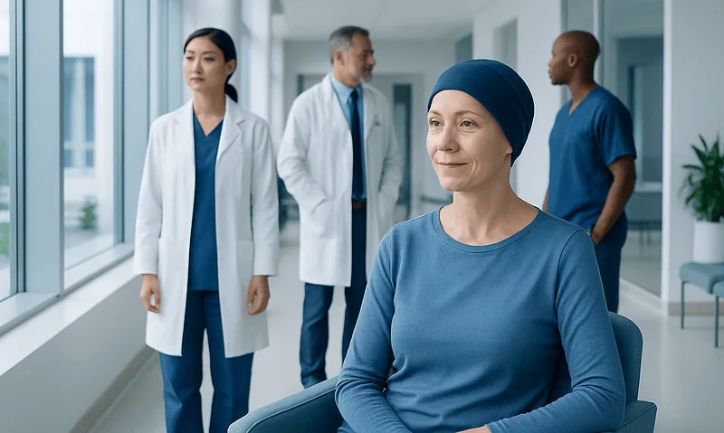Woman in chemo hat smiling in hospital corridor with medical staff in background.