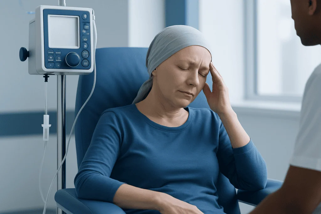 Woman with headache in hospital, receiving medical care for chemo side effects.