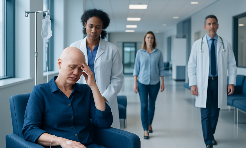 Patient experiencing headache during chemotherapy treatment in hospital corridor.