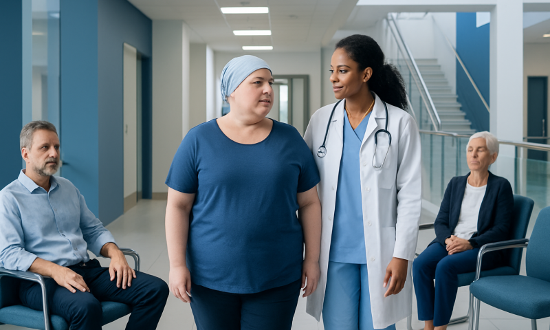 Compassionate healthcare professional supporting a patient in hospital corridor.