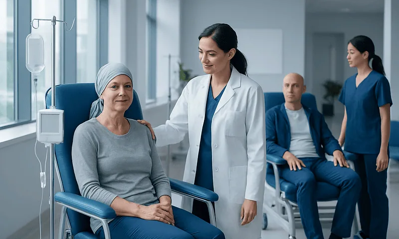 Patient receiving chemotherapy treatment in hospital with medical staff present.