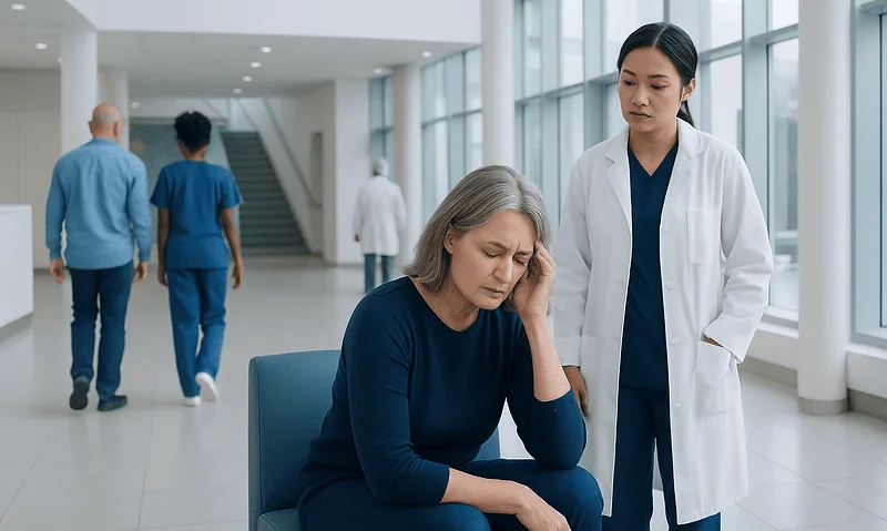 Patient experiencing headache in hospital corridor with medical staff nearby.