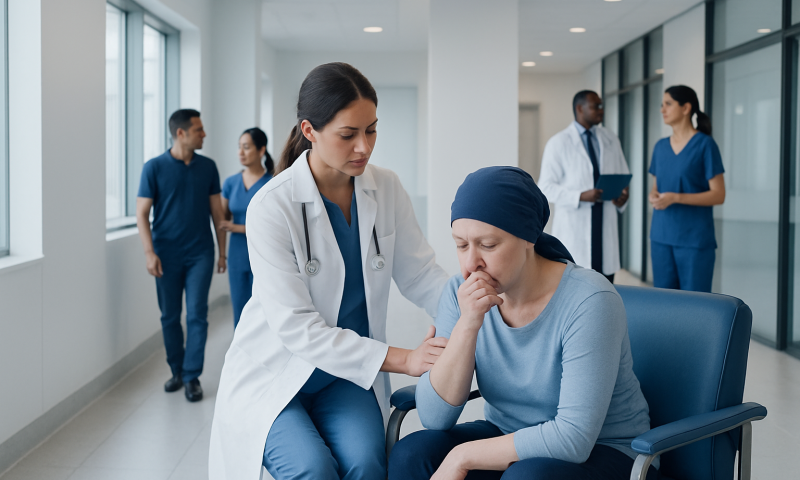 Healthcare professional assisting a patient with chemotherapy side effects in hospital.