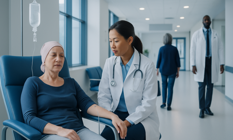 Oncologist consulting a patient receiving IV therapy in hospital corridor.