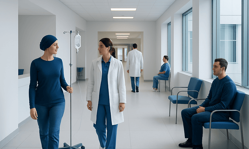 Chemotherapy Pee: How It Works, Results and What to Expect 6 Hospital corridor with medical staff and patients, bright and clean environment.