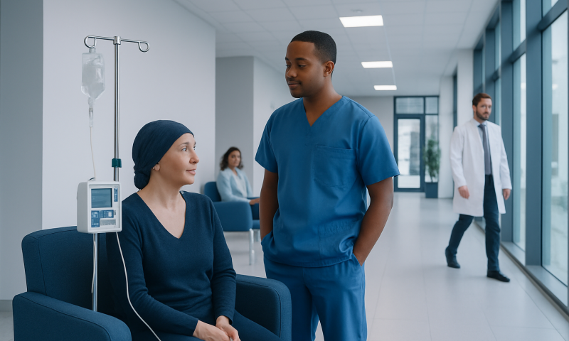 Patient receiving chemotherapy treatment with nurse in hospital corridor.