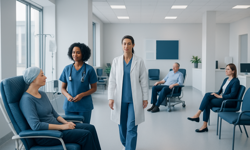 Medical team consulting with a patient in a hospital room.