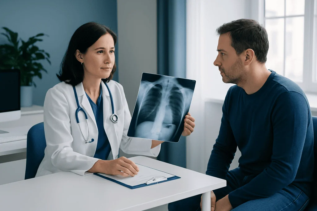 Doctor explaining chest X-ray results to patient in consultation room.