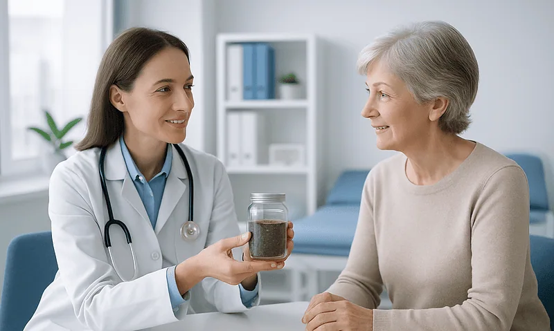 Blog 15 Doctor explaining chia seeds benefits to an elderly woman in a clinic setting.