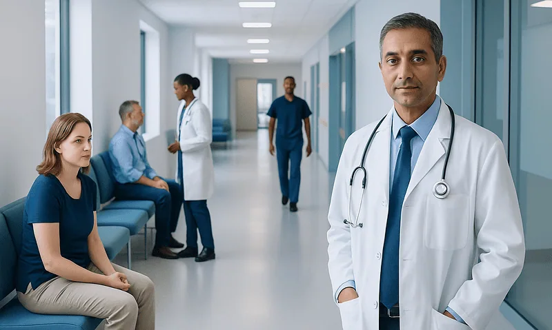 Medical professionals and patients in a hospital corridor.