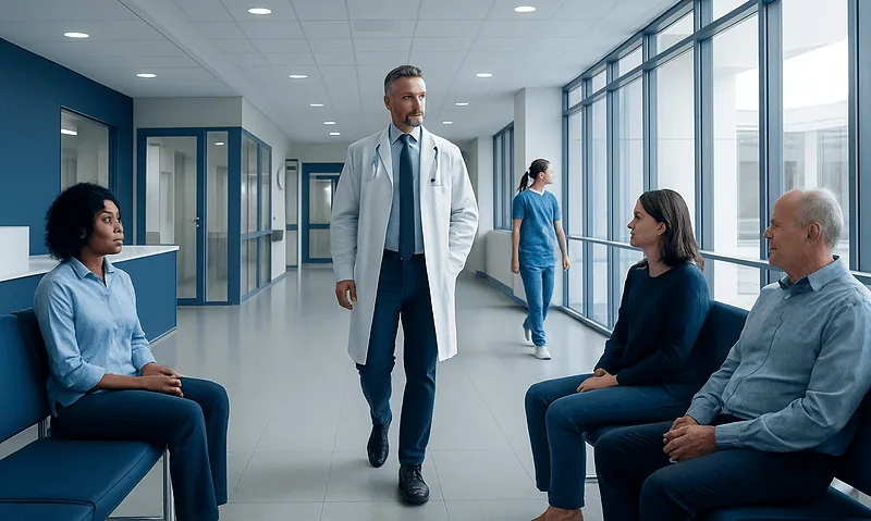 Medical consultation in a modern hospital corridor with patients and doctor.