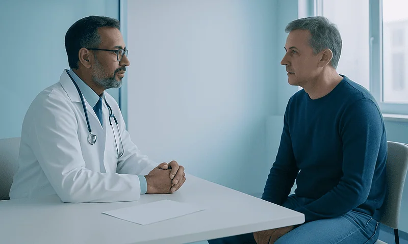 Doctor consulting with a male patient in a medical office.