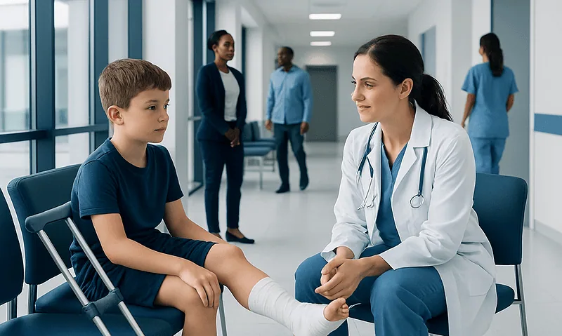 Pediatric doctor examining child's ankle in hospital corridor.