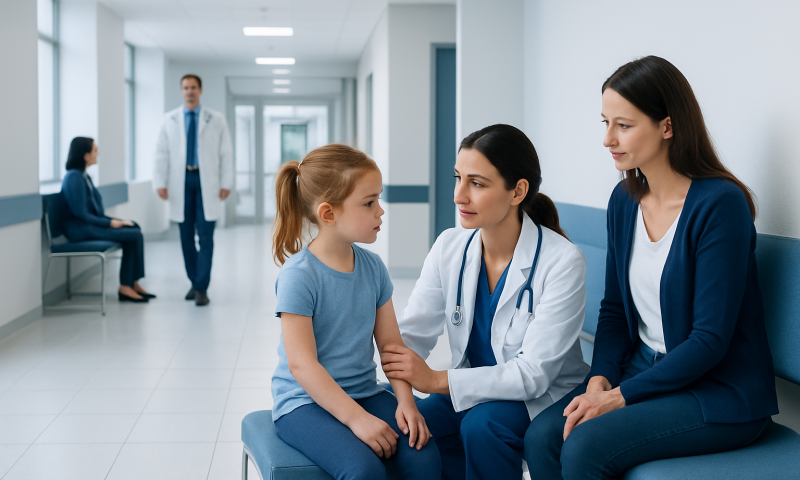 Pediatric consultation in a hospital corridor with doctors and a young girl patient.