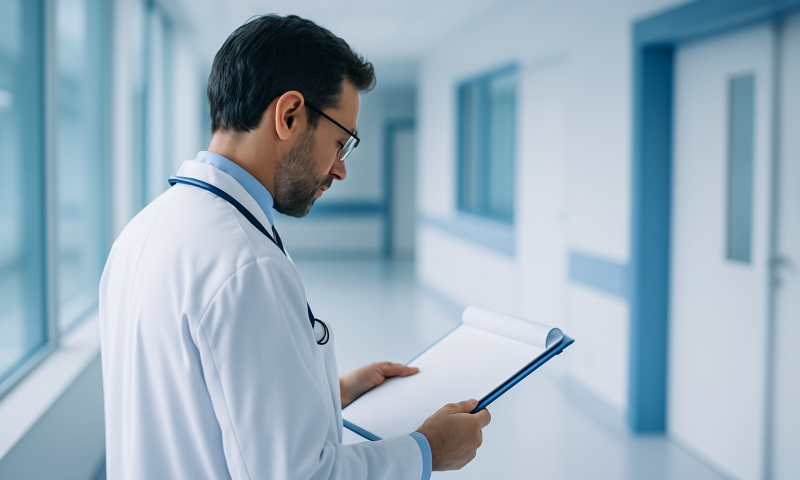 Doctor reviewing patient records in a hospital corridor.