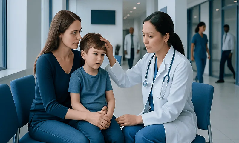 Pediatric doctor examining a young boy with his mother in a hospital.