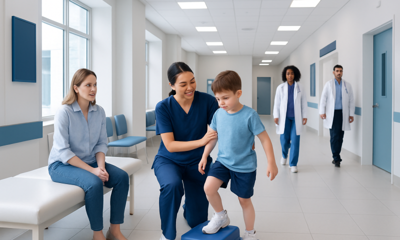 Children's Physical Therapy: How It Works, Results and What to Expect 18 Child undergoing physical therapy with healthcare professionals in hospital corridor.