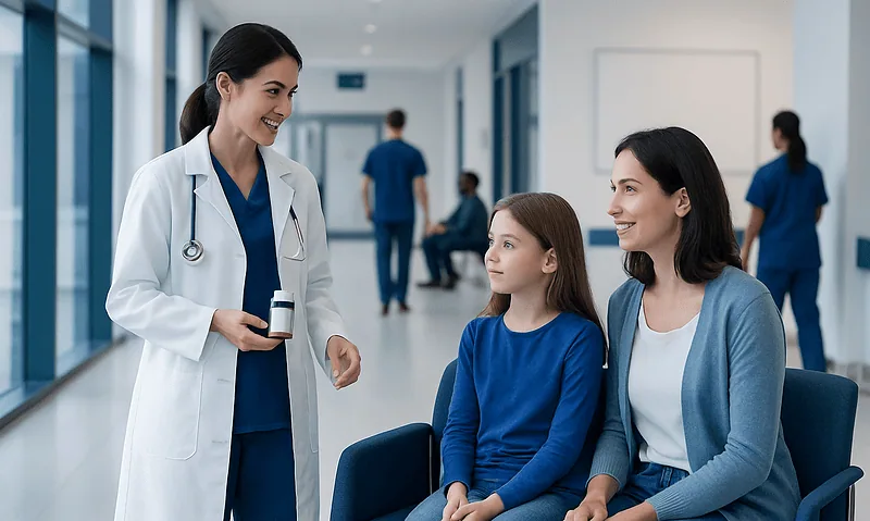 Doctor talking to young girl and mother in hospital corridor.