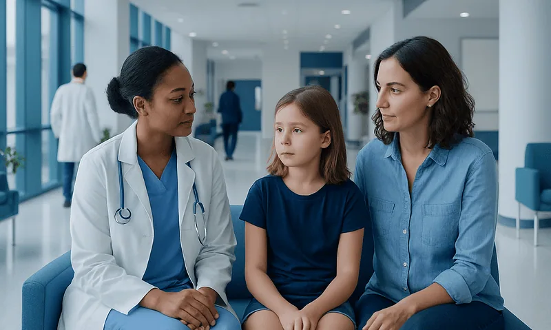 Doctor consulting with young girl and mother in hospital corridor.