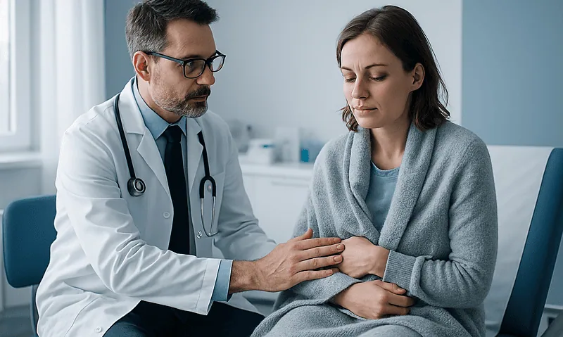 Doctor examining a woman with chills in a medical consultation room.