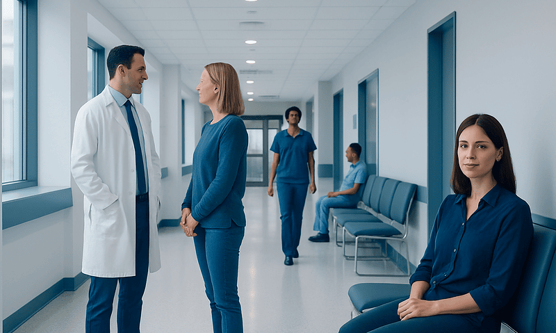 Medical staff and patients in a hospital corridor at Acibadem Hospitals Group.