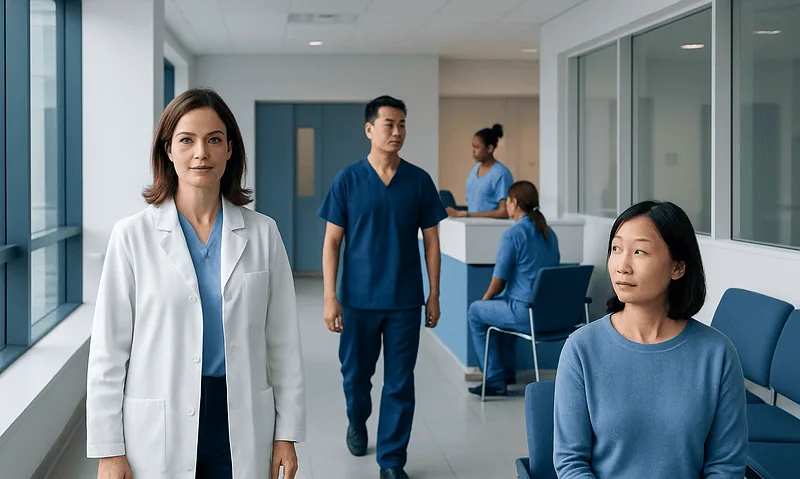 Medical team in a hospital corridor with patients and staff.