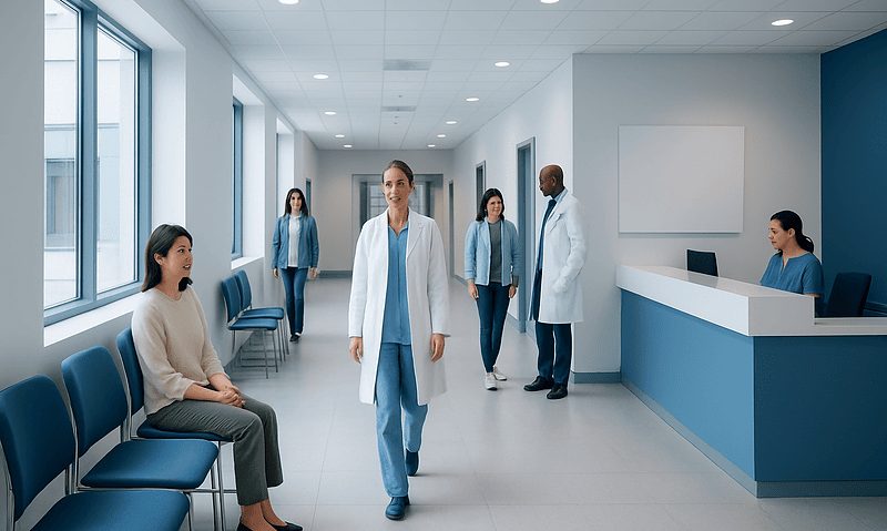 Medical professionals and patient in a hospital corridor at Acibadem Hospitals Group.