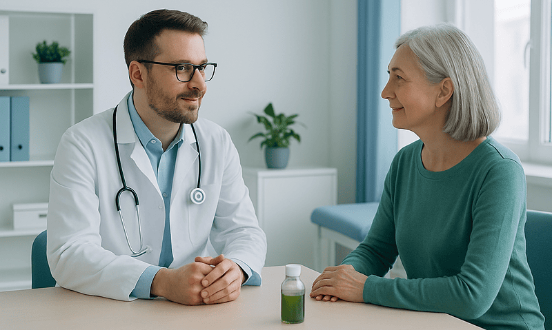 Doctor consulting with an elderly woman in a medical office.