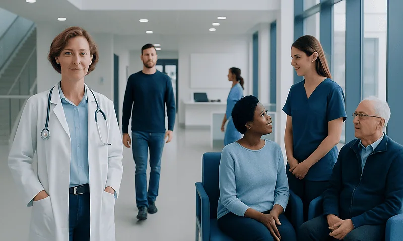 Healthcare professionals and patients in a modern hospital lobby.