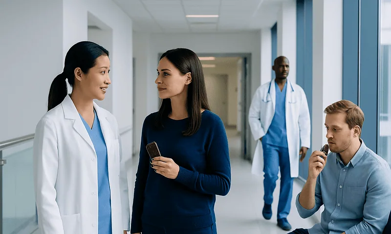 Chocolate and Radiation: How It Works, Results and What to Expect 4 Medical professionals and patient in hospital corridor discussing treatment.