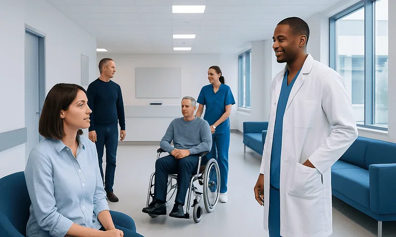 Medical team consulting patient in hospital room with wheelchair.